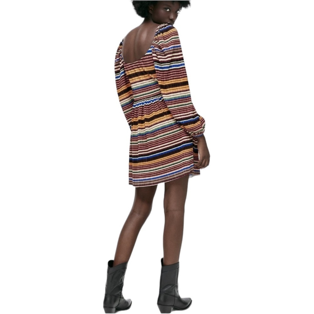ZARA Multicolor Stripe Pleated Long Balloon Sleeve Dress - Picture 12 of 14